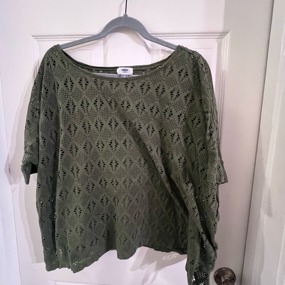 Olive Green Patterned Mesh Knit Top